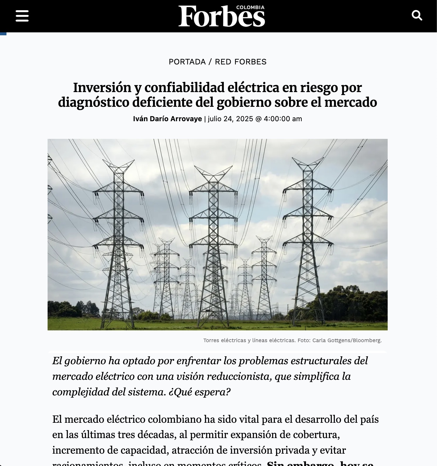 Inversión y confiabilidad eléctrica en riesgo por diagnóstico deficiente del gobierno sobre el mercado